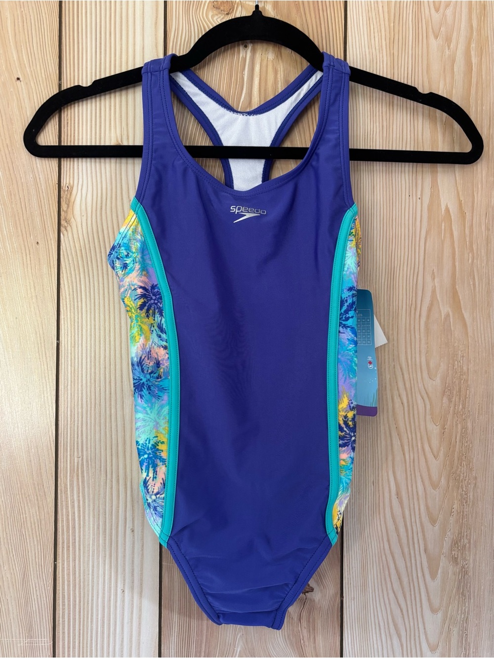 Speedo Purple One-Piece Swimsuit with Teal Trim and Tropical Side Panels